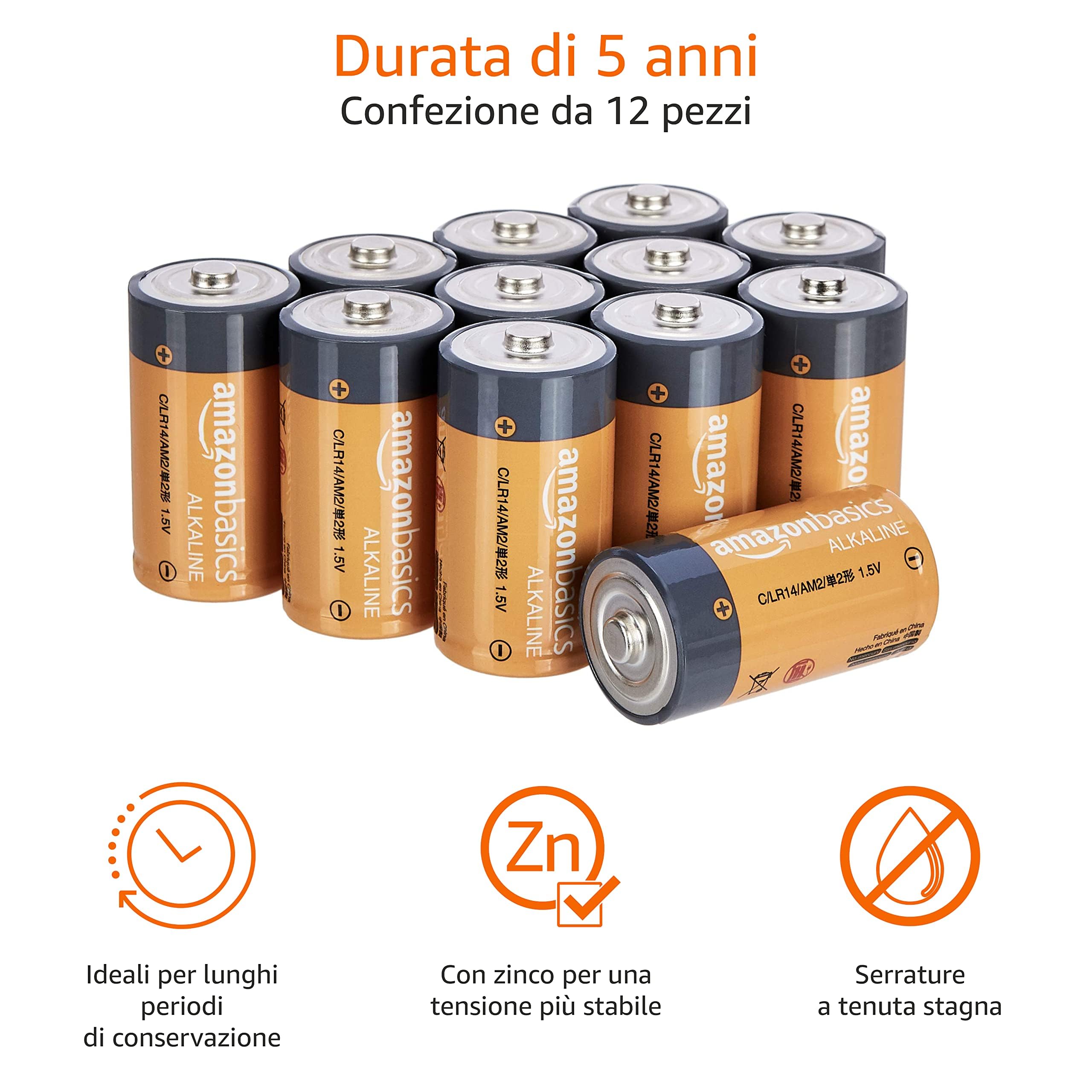 Amazon Basics 12-Pack C Cell Alkaline All-Purpose Batteries, 1.5 Volt, 5-Year Shelf Life