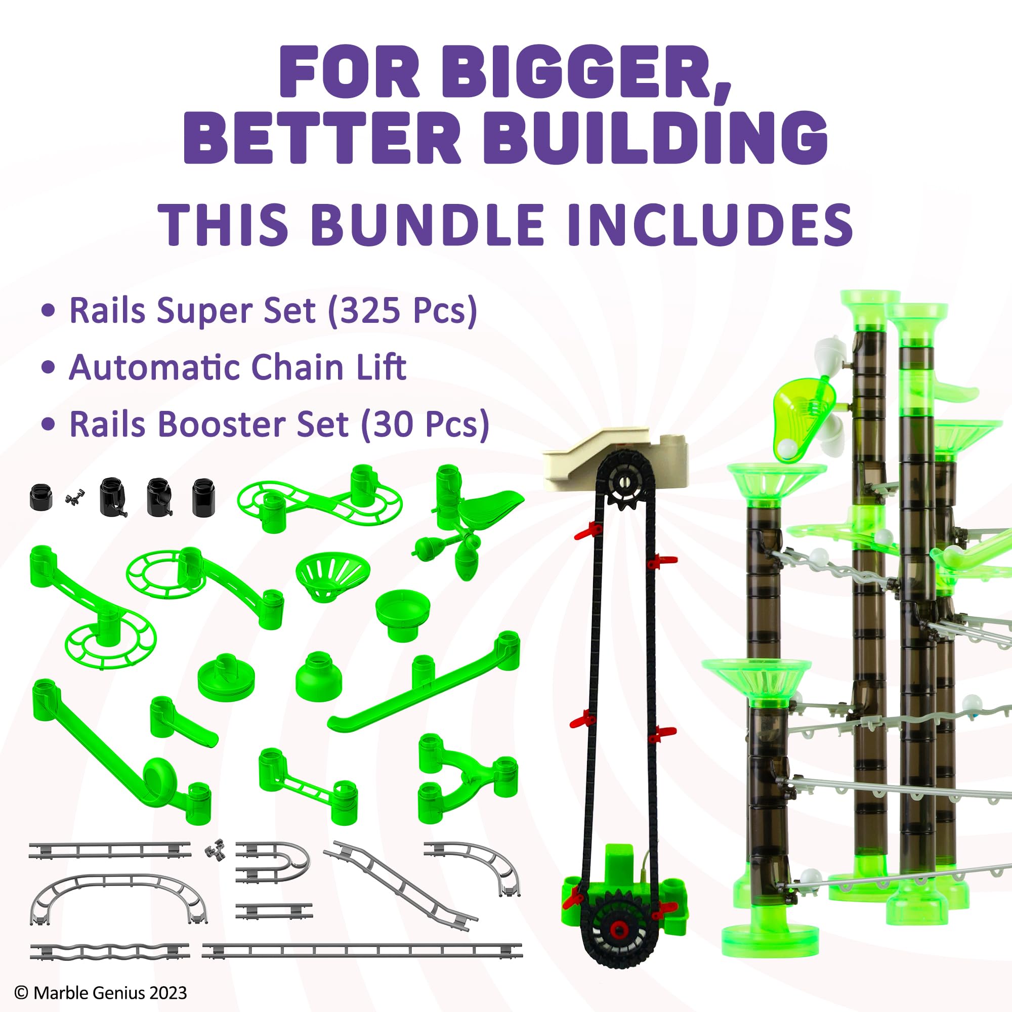 Marble Genius Bundle: Marble Rails Super Set (325 Pieces), Automatic Chain Lift, Marble Rails Booster Set (30 Pieces), Endless Fun, and Creativity, Experience The Thrills of Marble Racing