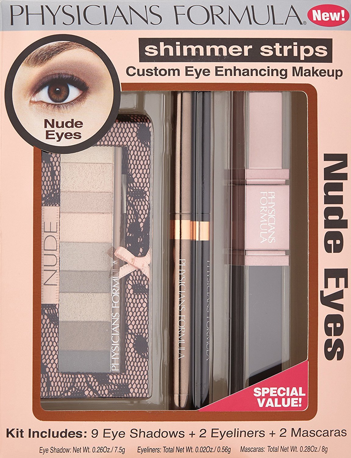 Physicians Formula Shimmer Strips Custom Eye Enhancing Kit with Eyeshadow, Eyeliner & Mascara, Nude