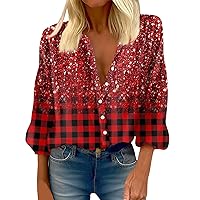 Working Plus Size Spring Shirt Womens Beautiful 3/4 Sleeve Button Down Light Top Lady Print Loose Fit Polyester Red XXL