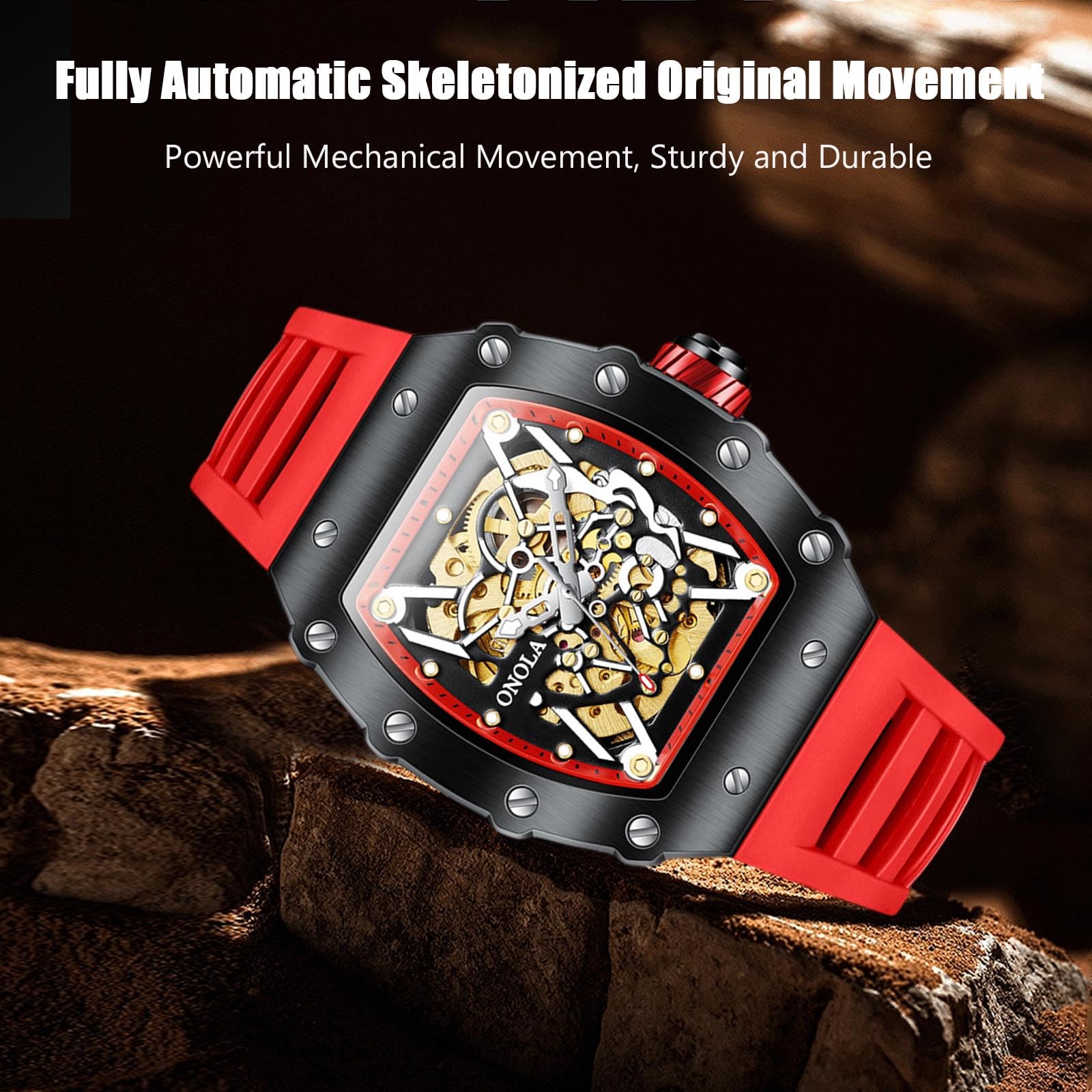 RORIOS Men's Watches Fashion Sport Wrist Watch Mechanical Skeleton Watch Square Silicone Strap Watch for Men Water Resistant Luminous Watch