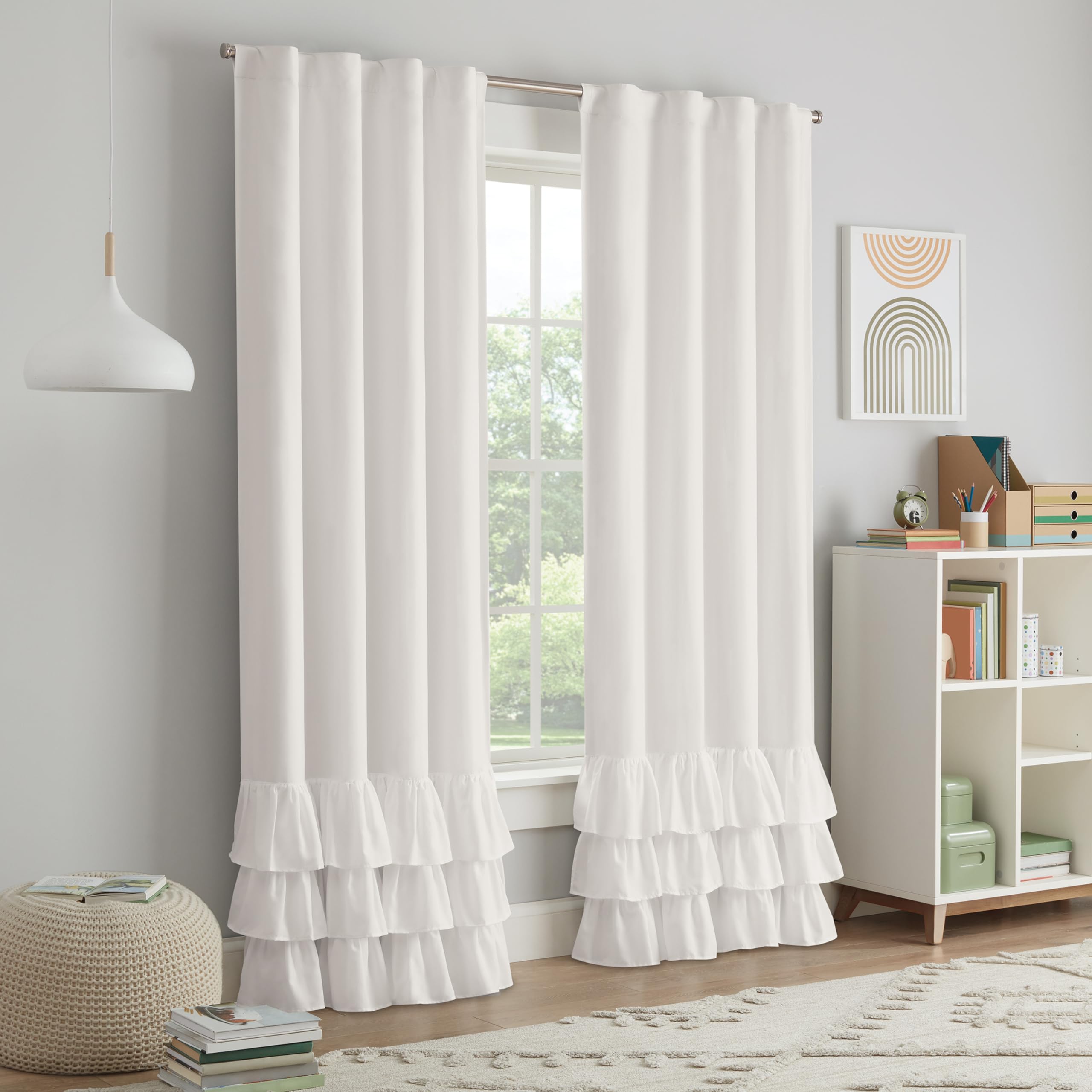 Eclipse Blackout Curtains, Tiered Ruffle Kids Curtains, 84 in x 40 in, Thermaback 100% Blackout Curtains with Rod Pocket Header, Curtains for Kids Room or Playroom, 1 Window Curtain, White