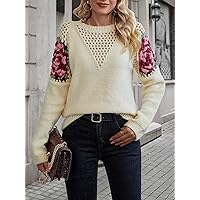Women's Sweater Floral Pattern Pointelle Knit Raglan Sleeve Sweater - Women's Loose Fit Pullover Sweater for Women (Color : Apricot, Size : Small)