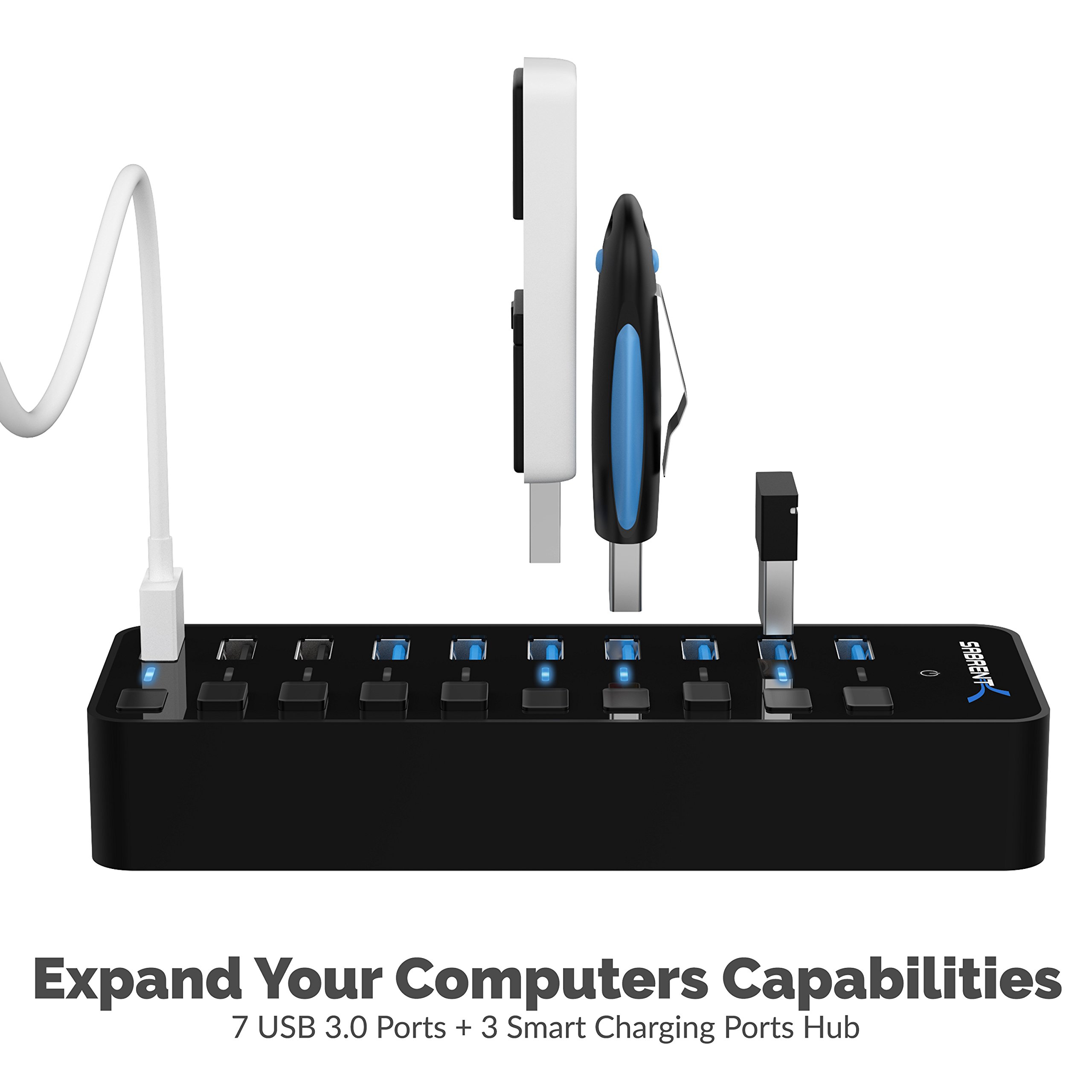 SABRENT 60W 10 Port USB 3.0 Hub Includes 3 Smart Charging Ports with Individual Power Switches and LEDs and 60W 12V/5A Power Adapter (HB-B7C3)