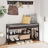 Shoe Bench, Entryway Storage Bench with Padded Cushion, Bamboo Shoe Rack Bench with Flip Top for Entryway, Mudroom, Hallway, Closet and Garage, Brown