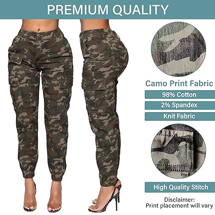 Double Denim Women's High Waist Jogger Pants - Casual Cargo Elastic Waistband Sweatpants Tapered Fatigue with 6 Pockets
