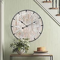 24 Inch Large Farmhouse Wall Clock, Rustic Antique Wood with Metal Circle and Large Engraved Numerals, Silent Battery Operated Wall Clock for Office Kitchen Bedroom Living Room