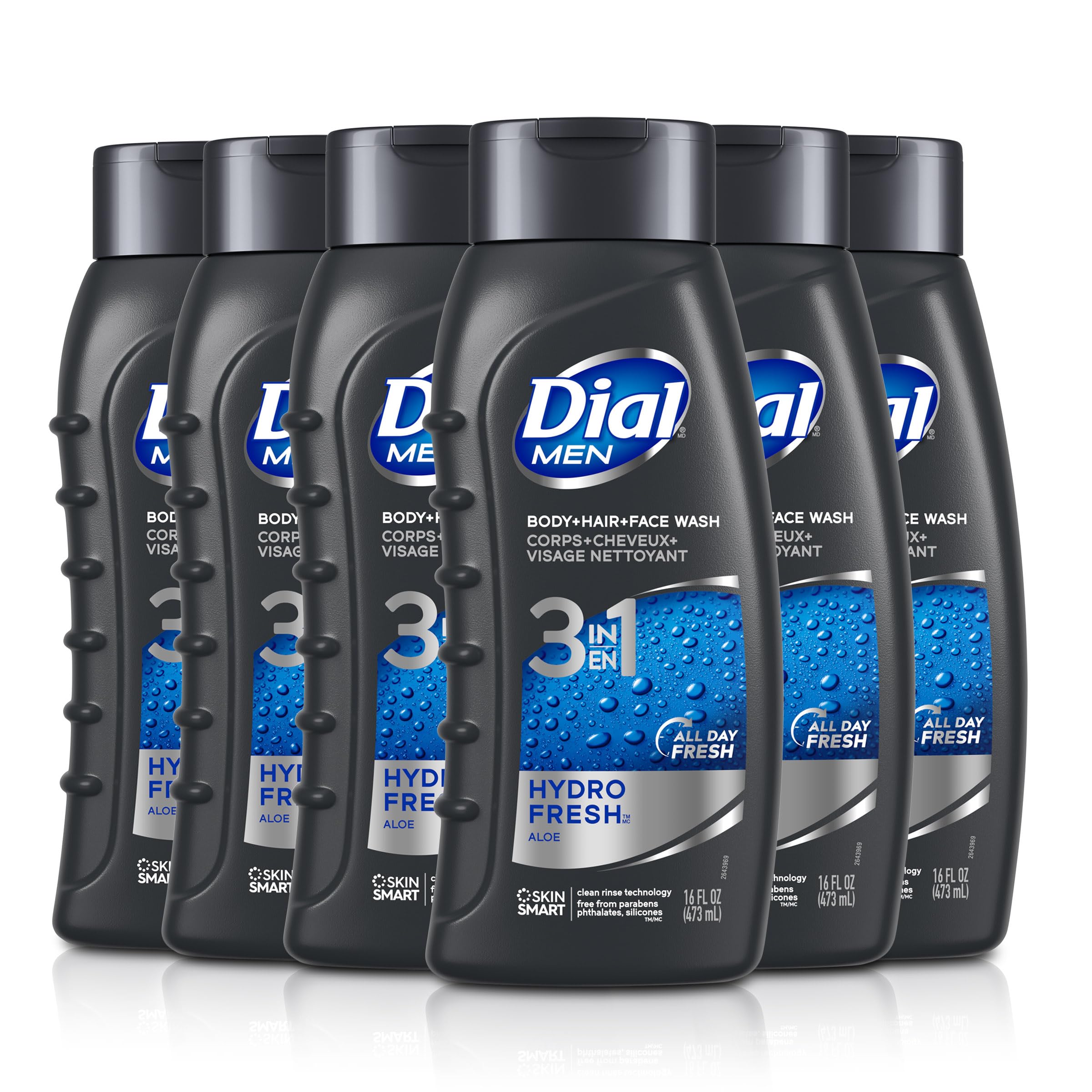 Dial Men 3in1 Body, Hair and Face Wash, Hydro Fresh, 16 fl oz, Pack of 6