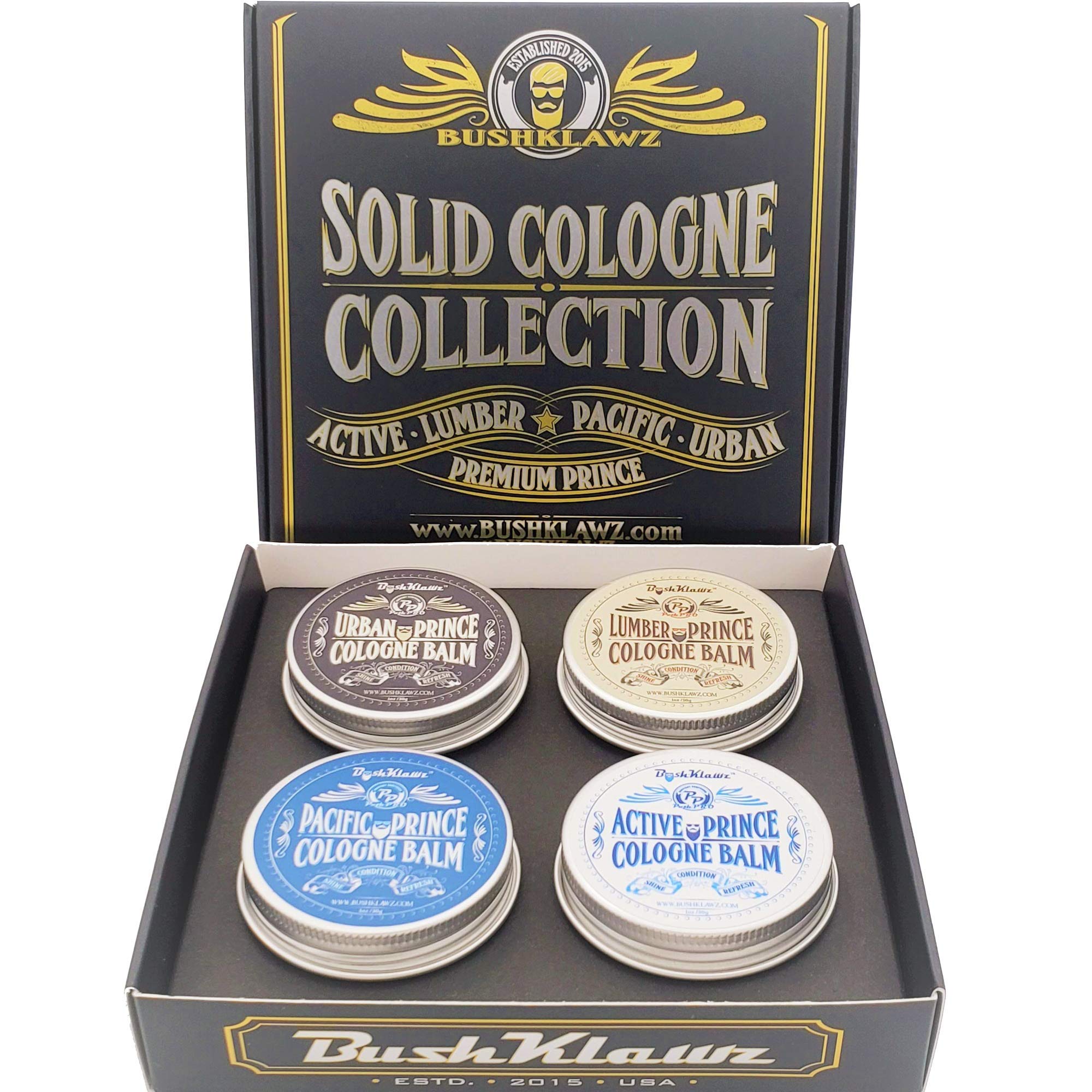 Premium Prince Solid Cologne 1 oz Variety Gift Set Alcohol Free Natural Concentrated Full Size Travel Friendly Tins Men's Fragrance 4 Manly Scents to Satisfy all Types of Viking Cannon Black Prime