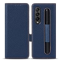 ONNAT-Genuine Leather Case for Samsung Galaxy Z Fold 5 Magnetic Closure Wallet Cover with Card Holder and Pen Slot (Blue)