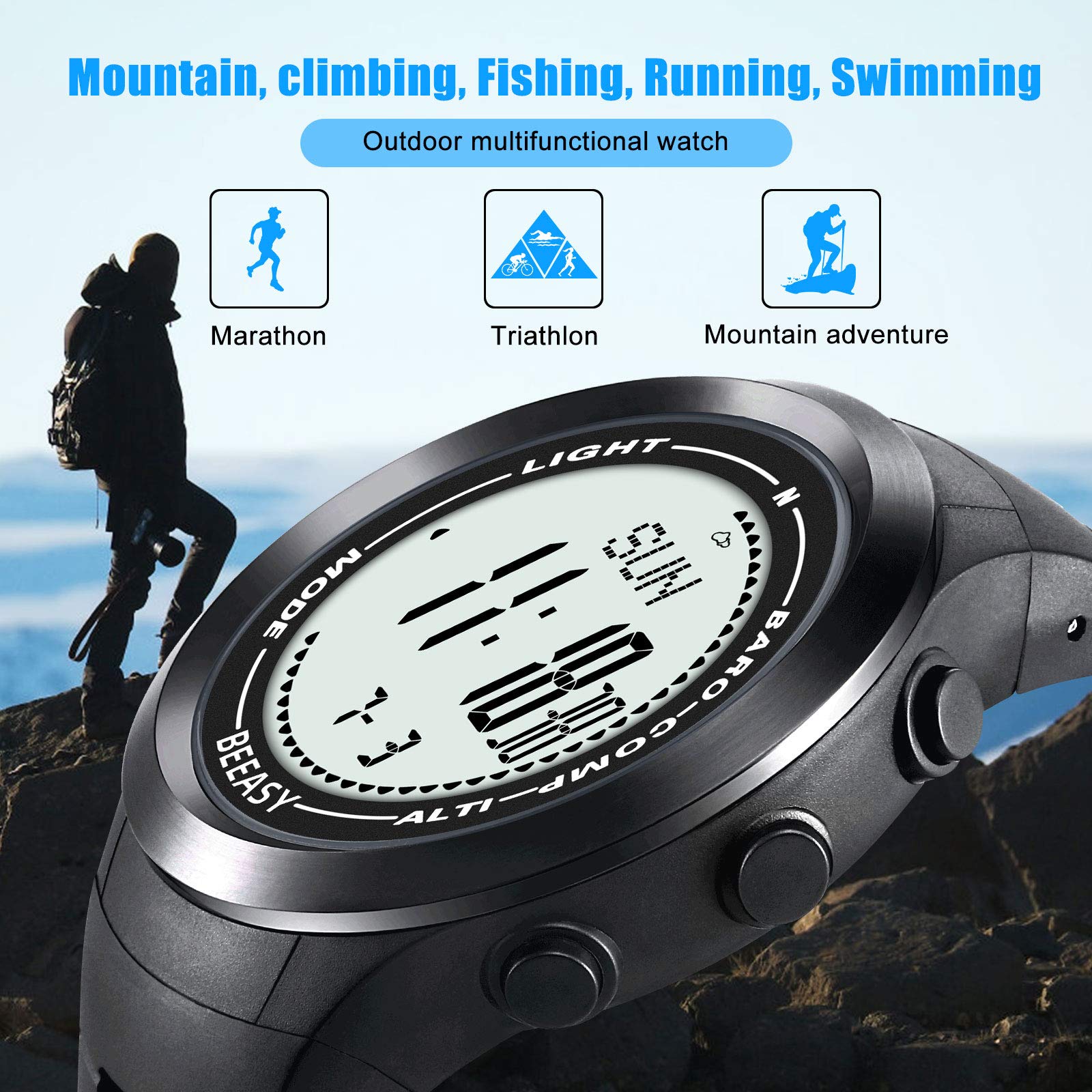 Beeasy Outdoor Sports Watch,Military Watches for Men Waterproof Stopwatch Alarm Army Watch,Men's Military Watch with Altimeter/Baromete/Compass
