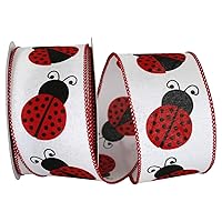 Reliant Ribbon Ladybug Linen Wired Edge Rd Ribbon, 2-1/2 Inch X 10 Yards, White/red