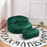 Fluffy Bean Bag Chair with Ottoman for Adults & Kids,Modern Accent Chair Soft Fluffy Faux Fur Bean Bag Lazy Sofa Bed for Living Room,Apartment,Bedroom,Home Office(Emerald Green)