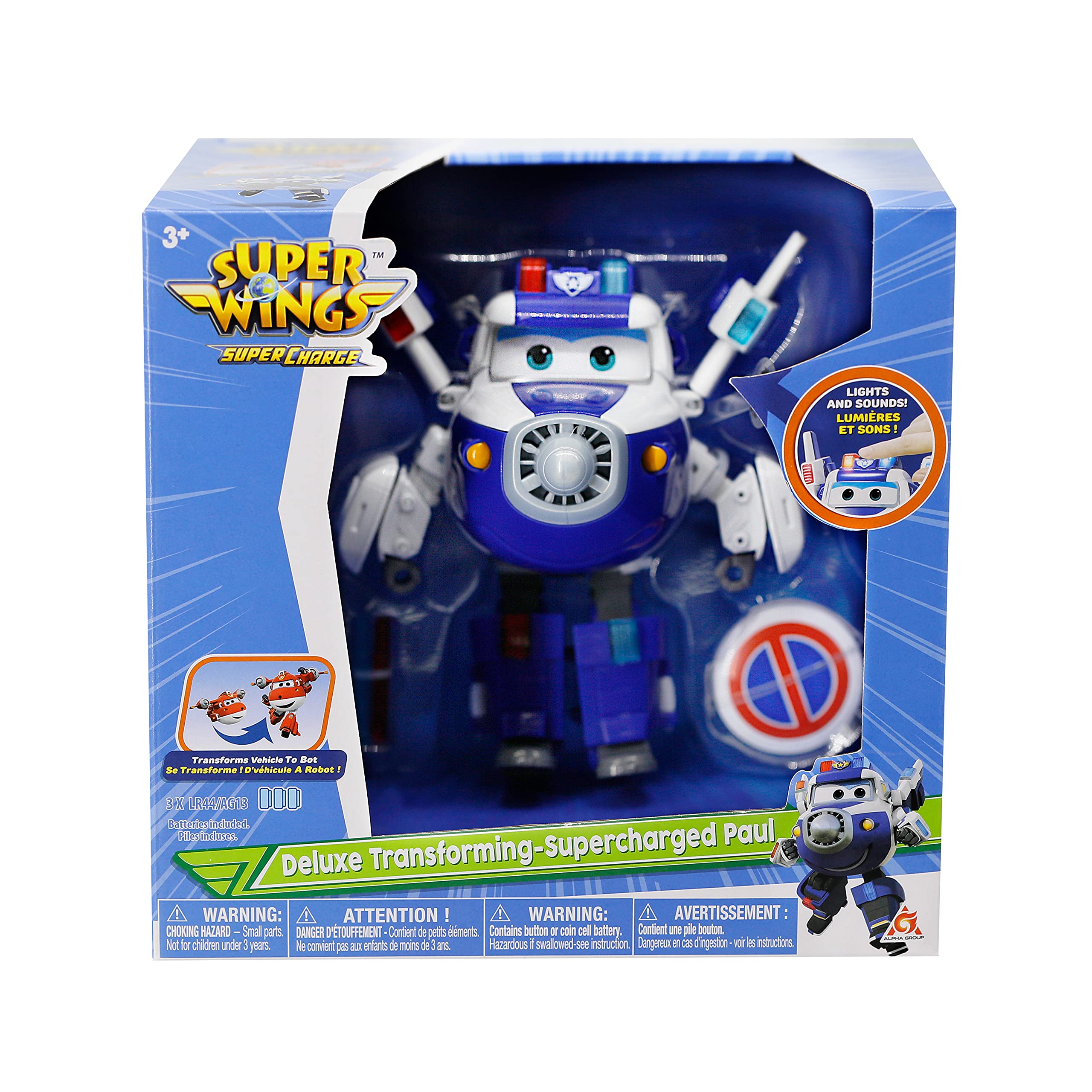 Super Wings - 6'' Deluxe Transforming Supercharged Paul Airplane Toys Action Figure | Plane to Robot | Toy Plane Vehicle Gift for Preschool Kids 3 4 5 Year Old Boys Girls | Light and Sound Effects