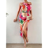 Women's Dresses Floral Print Asymmetrical Neck Split Thigh Dress for Women Dress for Women (Color : Multicolor, Size : X-Large)