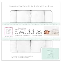 SwaddleDesigns Cotton Muslin Swaddle Blankets, Set of 4, Receiving Blankets for Baby Boys & Girls, Best Shower Gift, 46x46 inches, Pure White
