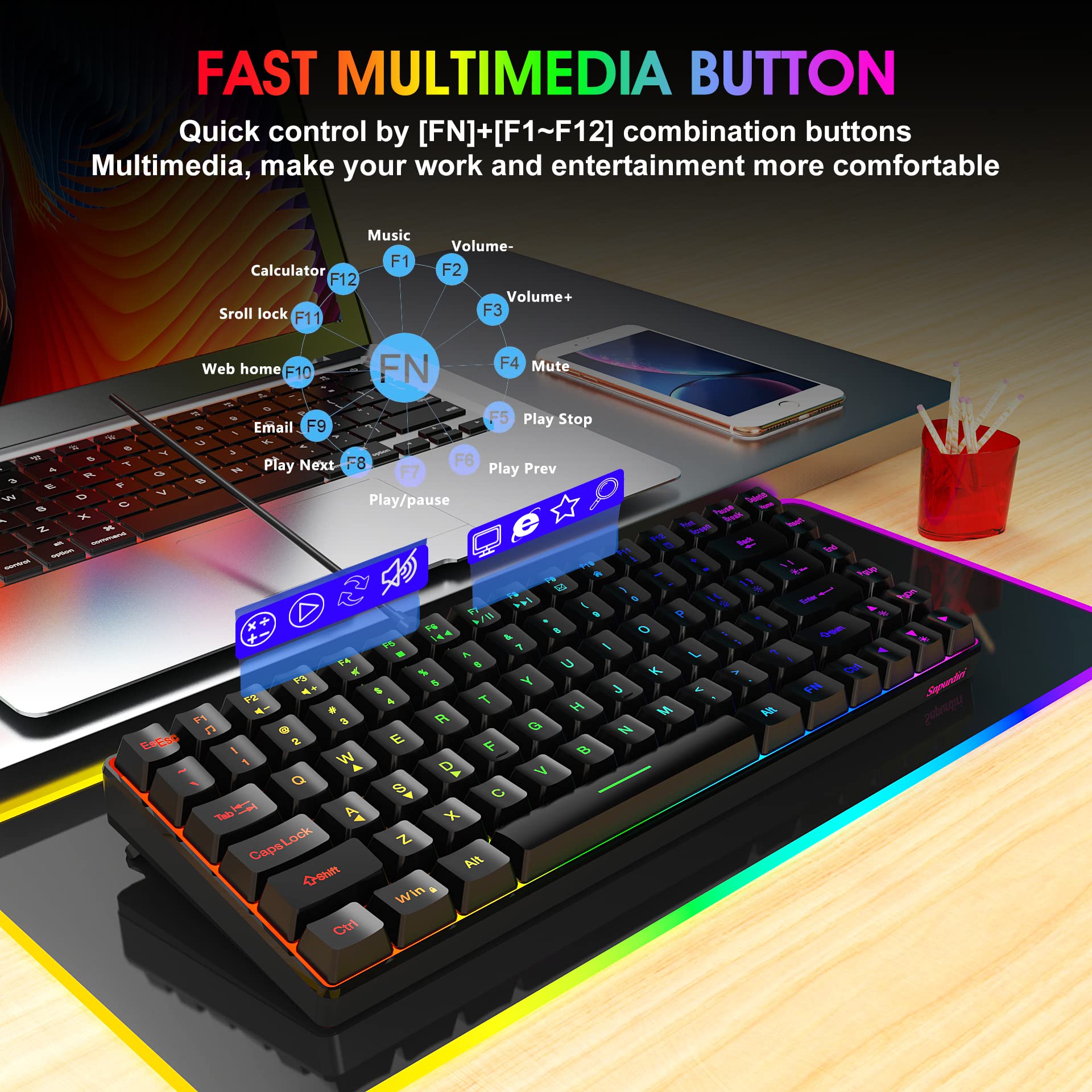 Snpurdiri Wired Gaming Keyboard, Rainbow Backlit Mini Gaming Keyboard, Compact Ergonomic Keyboard for Windows, PC, Laptop, Gaming (84 Keys, Black)