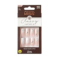 KISS Classy Premium Press On Nails, 'Stunning!', French, Long Length, Square Shape, Includes 30 Fake Nails, 2g Pink Gel Nail Glue, 1 Manicure Stick, 1 Mini File