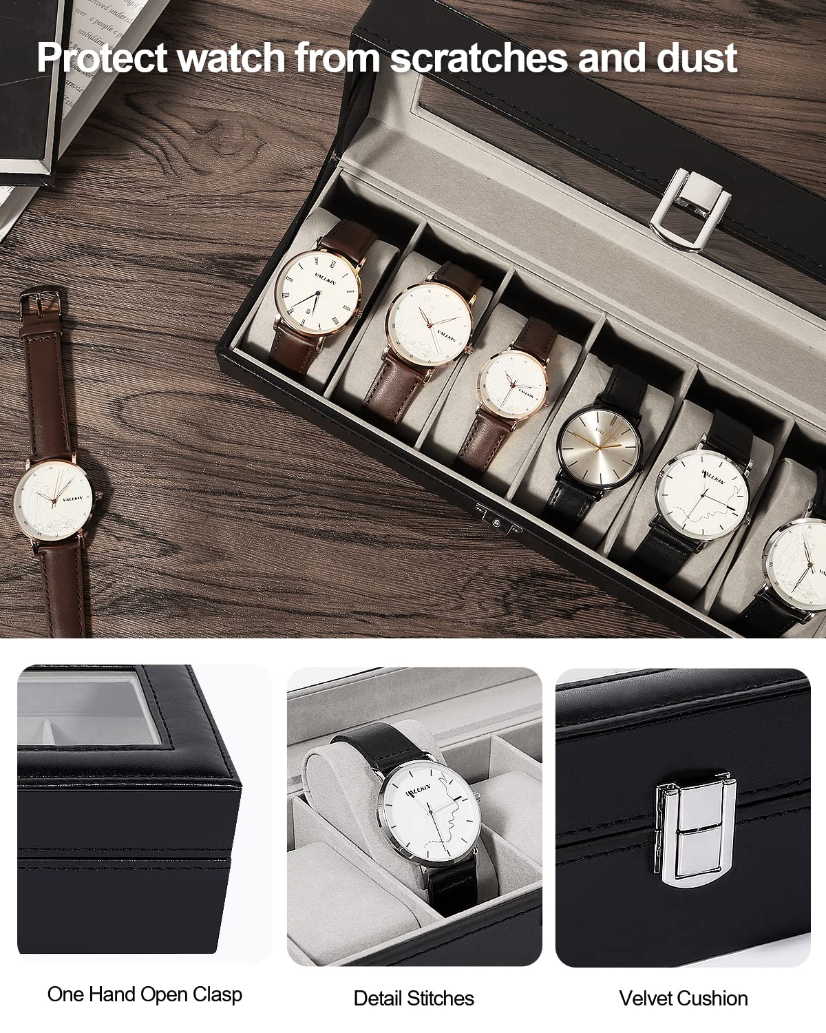 Uten Watch Boxes 6 Slots, Watch Display Storage Box PU Jewelry Collection Case Organiser Holder