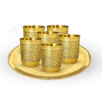 Bronze Belar Flower Design Belar Glass Set-6 with Tray for Serving Drink & Beverages