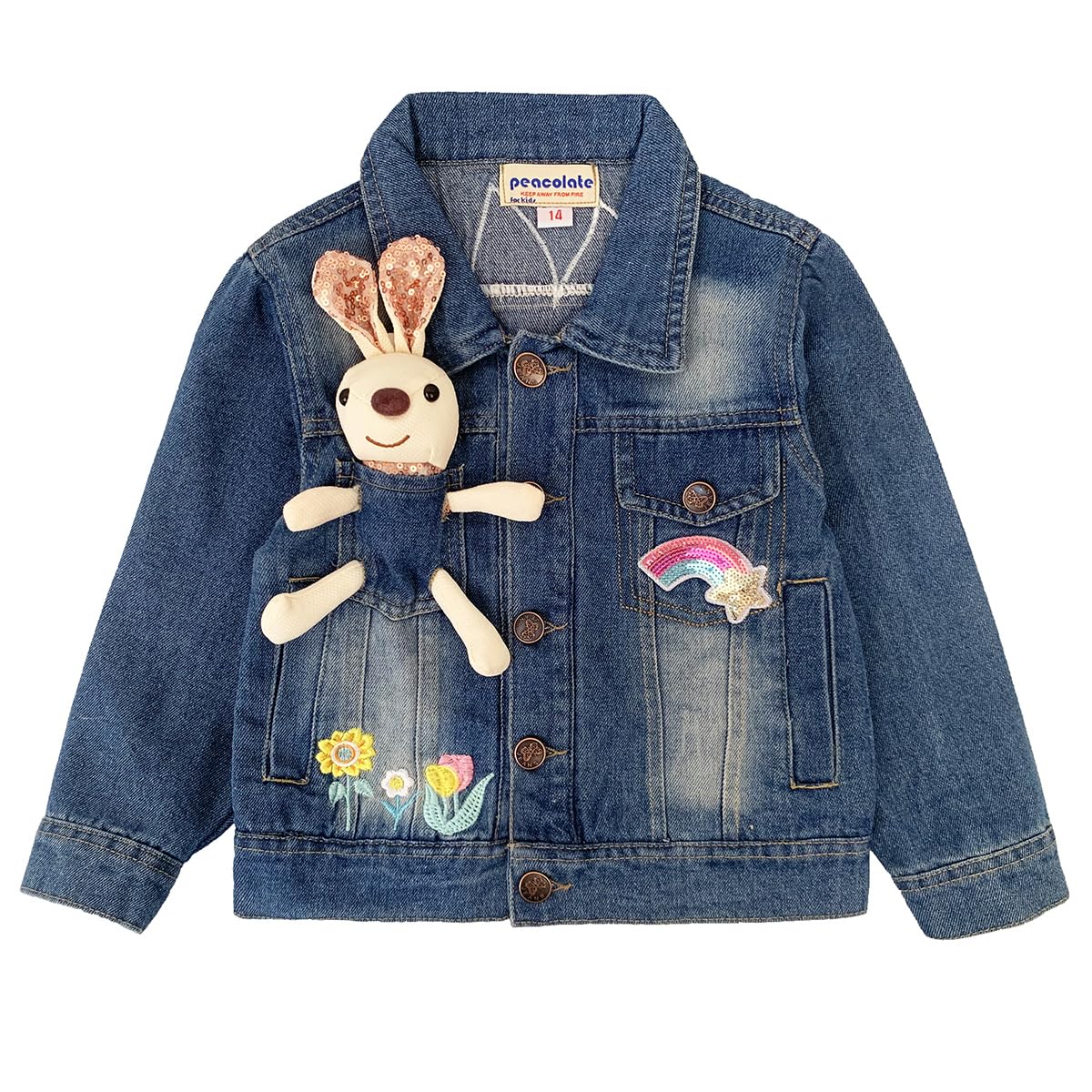 Peaoclate 3-10Years Little Big Girls Embroider Rabbit Denim Jacket