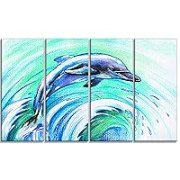 PT13327-48-28-4P Jumping Dolphin Watercolor-Animal Artwork on Canvas, 48 x 28 in-4 Equal Panels