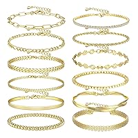 Kakonia 12Pcs Gold Chain Bracelets Set for Women Men Link Curb Cuban 14K Gold Plated Beaded Boho Stackable Adjustable Bracelets Paperclip Cuff Bangle Layered Jewellery Set
