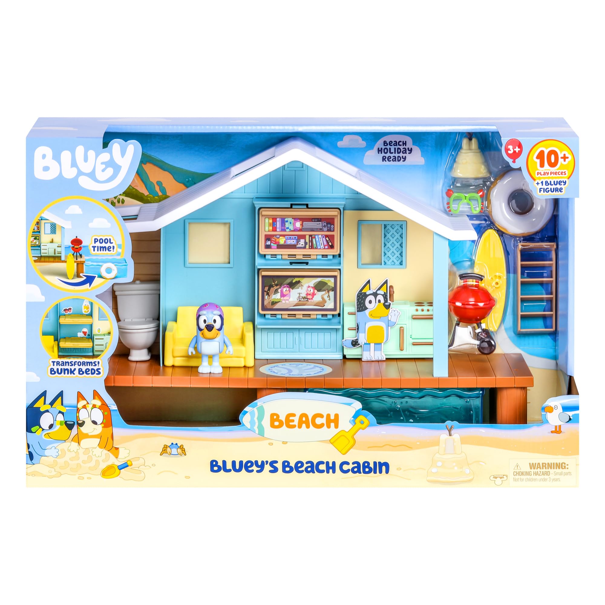 Bluey Beach Cabin Playset, with Exclusive Figure with Goggles. Includes 10 Play Pieces and Sticker Sheet