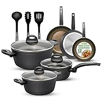 NutriChef 12-Piece Nonstick Kitchen Cookware Set - Professional Hard Anodized Home Kitchen Ware Pots and Pans Set, Includes Saucepan, Frying Pans, Cooking Pots, Dutch Oven Pot, Lids, Utensils, Gray