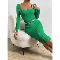 TLULY Sweater Dress for Women Sweetheart Neck Ribbed Knit Sweater Dress Without Belt Sweater Dress for Women (Color : Green, Size : Large)