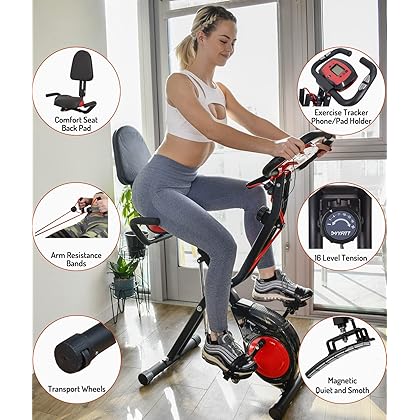 YYFITT 3-In-1 Folding Exercise Bike, Stationary Bikes for Home with Arm Workout Bands, Indoor Fitness Bike with 16 Levels Magnetic Resistance, Fully Support Back Pad and Phone/Tablet Holder, 2-in-1 Bike Frame