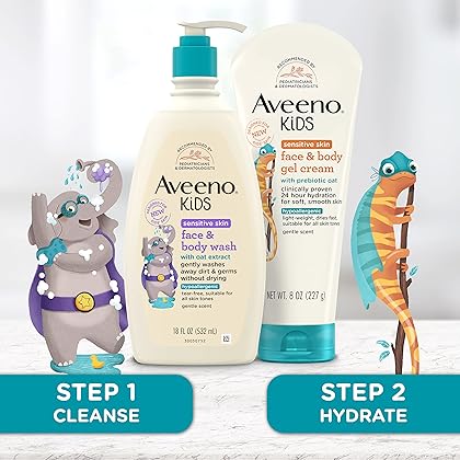 Aveeno Kids Sensitive Skin Face & Body Wash with Oat Extract, Gently Washes Away Dirt & Germs Without Drying, Tear-Free & Suitable for All Skin Tones, Hypoallergenic, 18 fl. oz