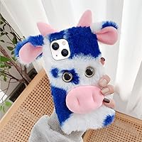 LUVI Compatible with iPhone 15 Case 3D Cute Plush Furry Fuzzy for Women Fuzzy Fluffy Cartoon Cow Fur Hair Protection Fashion Shockproof Cover for Women Girls Blue