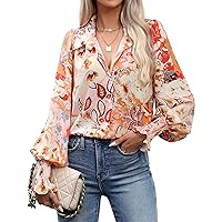 2024 Women's Printed Button Down Shirts Blouse Dressy Casual Lantern Long Sleeve Loose Tops