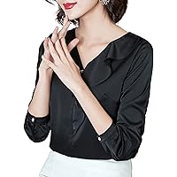 Women's Chiffon Tops Fashion Long Sleeve V-Neck Solid Color Ruffle Patchwork Blouses Elegant Loose Work Shirts