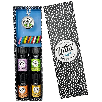 Wild Essentials Tree of Life Necklace Essential Oil Diffuser Kit With Lavender, Lemongrass, Peppermint, Orange Oils, 12 Refill Pads, Calming Aromatherapy Gift Set, Customizable Color Changing, Perfume
