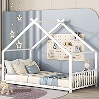 Montessori Floor Bed with Headboard and Footboard, Twin Floor Bed with Slats, Metal House Floor Bed for Kids, Girls, Boys, White Montessori Bed Twin Size