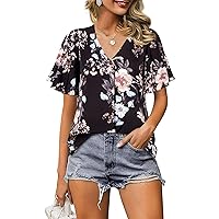 Bebonnie Womens Casual Summer Ruffle Sleeve V Neck Loose Fit Chiffon Blouse Tops