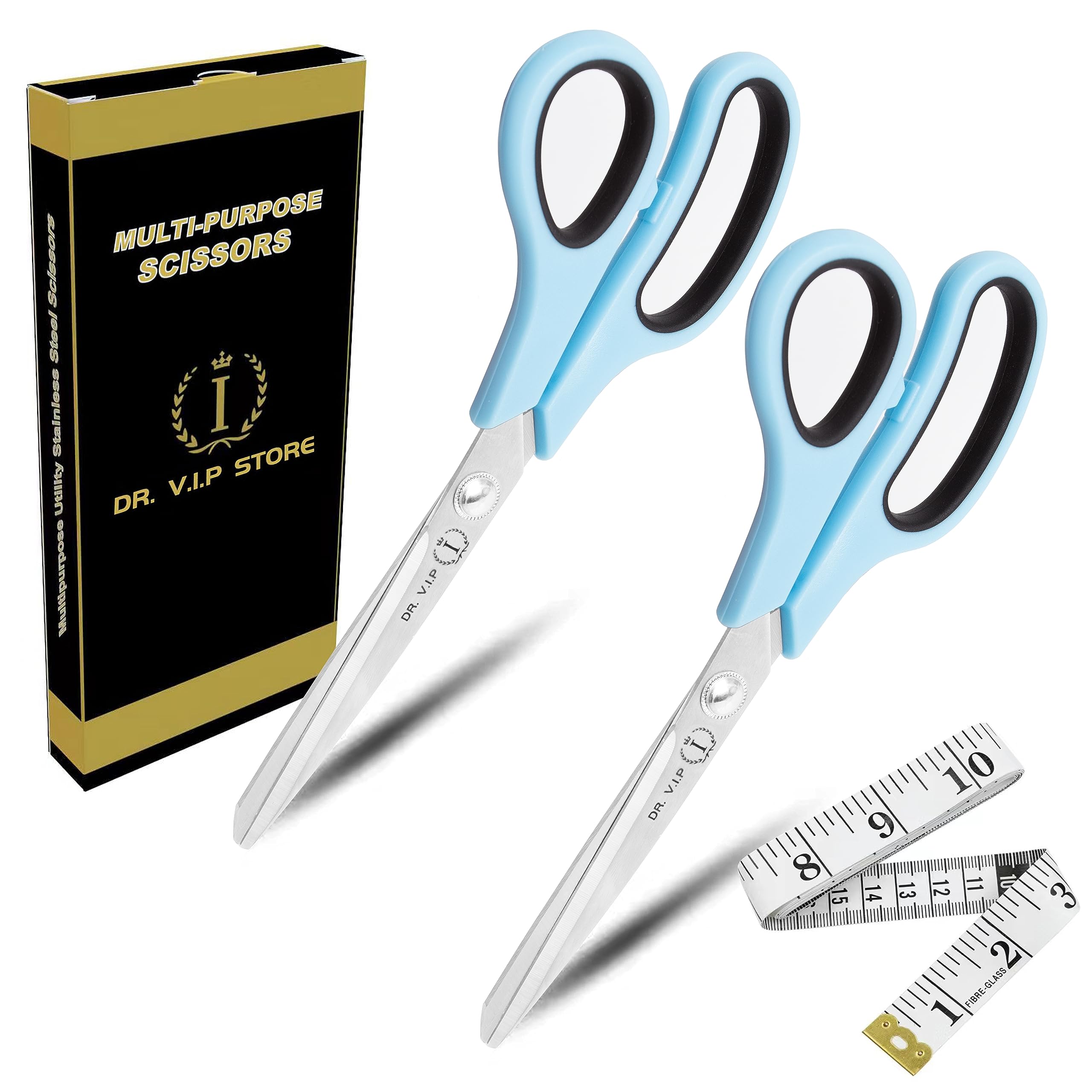  SCISSORS. 2 V.I.P 8 Scissors for All Purpose with Free Tape  Measure, Comfort Color & TRP Soft Handles. Perfect for Essential School  Supplies, Office Supplies, Art Craf, fabric, Sewing, Home 