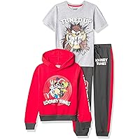 LOONEY TUNES boys Looney Tunes Graphic Hoodie, T-shirt, & Jogger Sweatpant, 3-piece Athleisure Outfit Bundle Set - Boy T Shirt, Red/Charcoal/H.grey, 8 US