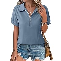 Vivilli Women's Short Sleeve Tops and Blouses Business Casual Collared Tunic Shirt with Zipper