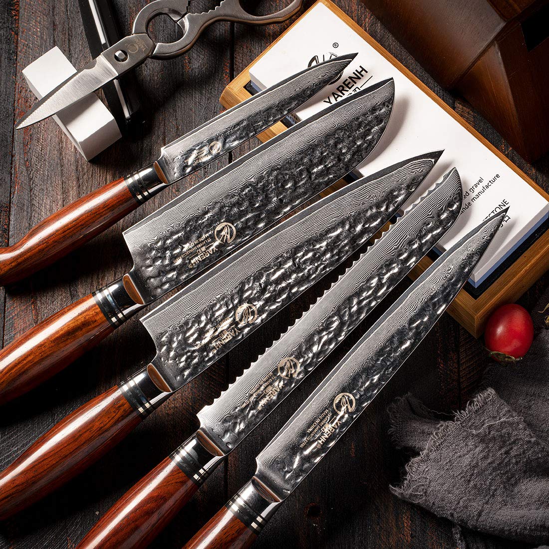 YARENH Kitchen Knife Set, 8 Piece Professional Damascus Chef Knives, Sharp High Carbon Stainless Steel Blade, 73 Layers, Full Tang, Dalbergia Wood Handle, Walnut Wooden Block and Sharpener Stone