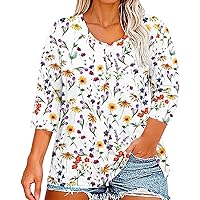 Shirts for Women 3/4 Sleeve Tops for Women Print Henley Button Down Casual Plus Size Tops Fashion Summer Blouses