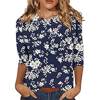 Summer Outfits for Women 2024 Trendy Elegant Flower 3/4 Sleeve T Shirts Casual White Plus Size Printed Tops