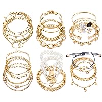 17IF 6 Pack Dainty Boho Gold Silver Chain Bracelets Set for Women Girls Stackable Chunky Multipack Layered Bangles Adjustable Flat Cuff Cuban Punk Charm Bracelet Bundle Jewelry