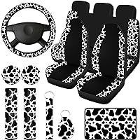 Cow Print Car Seat Covers Full Set for Women Men Cow Print Car Accessories Set Rubber Steering Wheel Cover Car Armrest Pad Cover Seat Belt Pads Wrist Holder Keychain(Classic Style, Rubber)