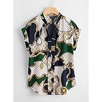 Plus Size Womens Tops Plus Chain Print Batwing Sleeve Blouse