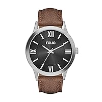 Folio Men's Silver and Brown Vegan Leather Strap Watch (Model: FMDFL5006)