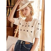 Women's Tops Shirts Sexy Tops for Women Floral Embroidery Square Neck Puff Sleeve Pointelle Knit Top Shirts for Women (Color : Beige, Size : Medium)