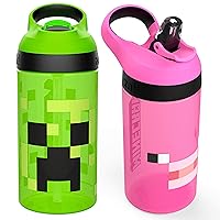 Minecraft Kids Water Bottle with Straw and Built in Carrying Loop Set, Made of Plastic, Leak-Proof Water Bottle Designs (Creeper/Pig, 16 oz, BPA-Free, 2pc Set)